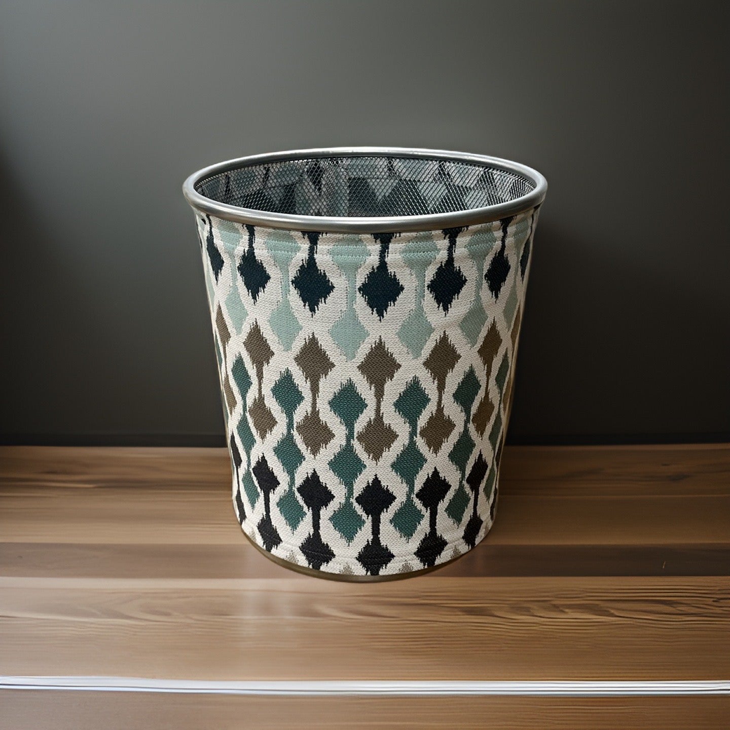 White, Blue, Tan, and Brown Decorative Waste Basket Bin