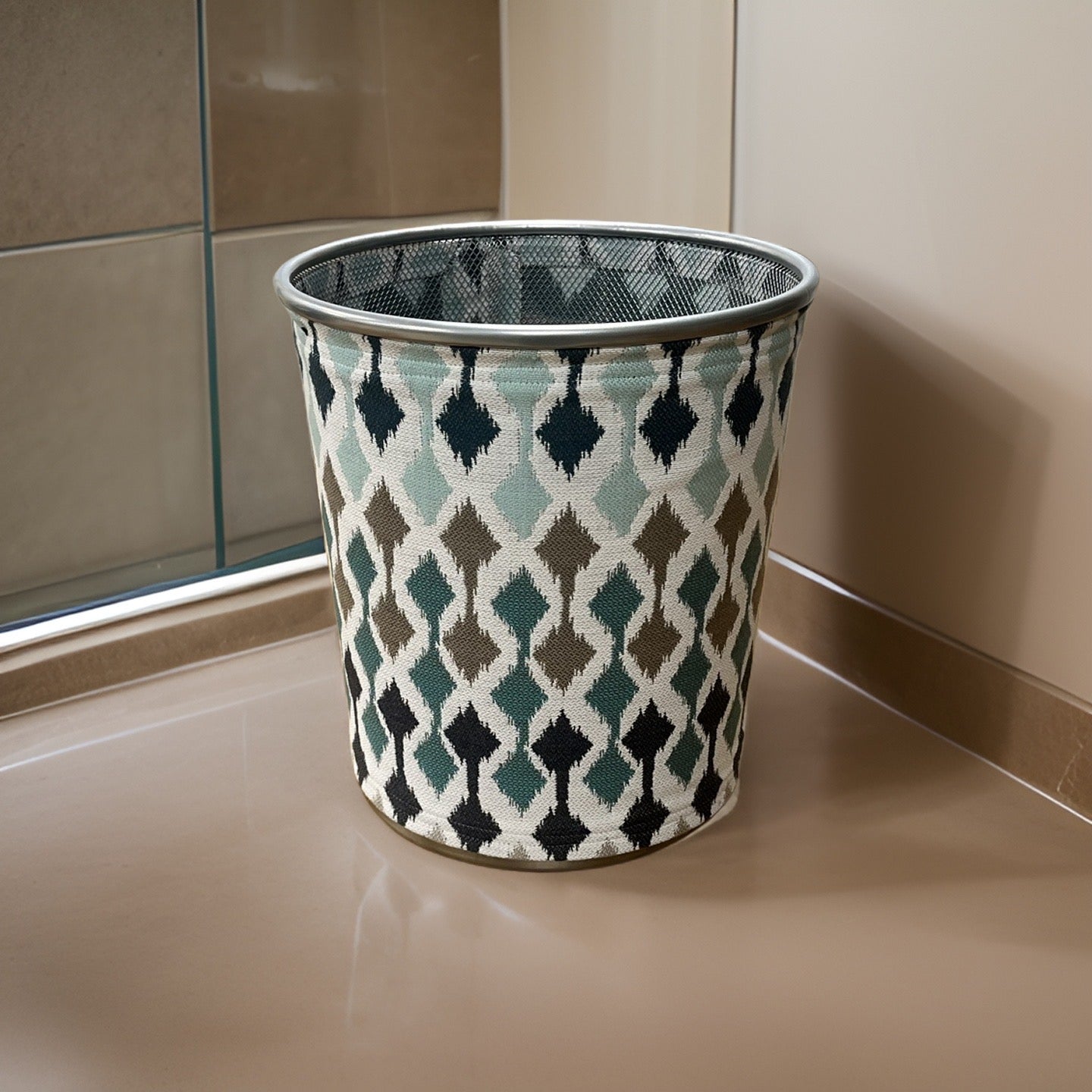 White, Blue, Tan, and Brown Decorative Waste Basket Bin