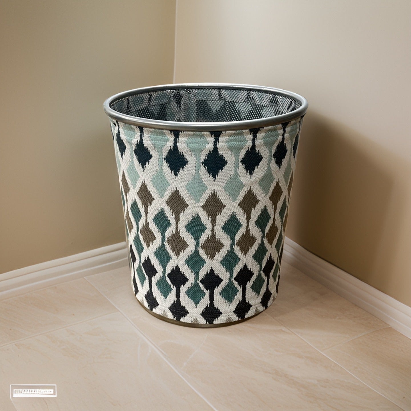 White, Blue, Tan, and Brown Decorative Waste Basket Bin