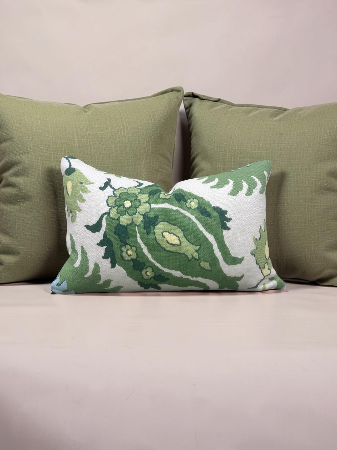 Brunschwig & Fils Lumbar Pillow Kashmiri Linen Print Leaf Aloe 12x18" Knife Edge Cover