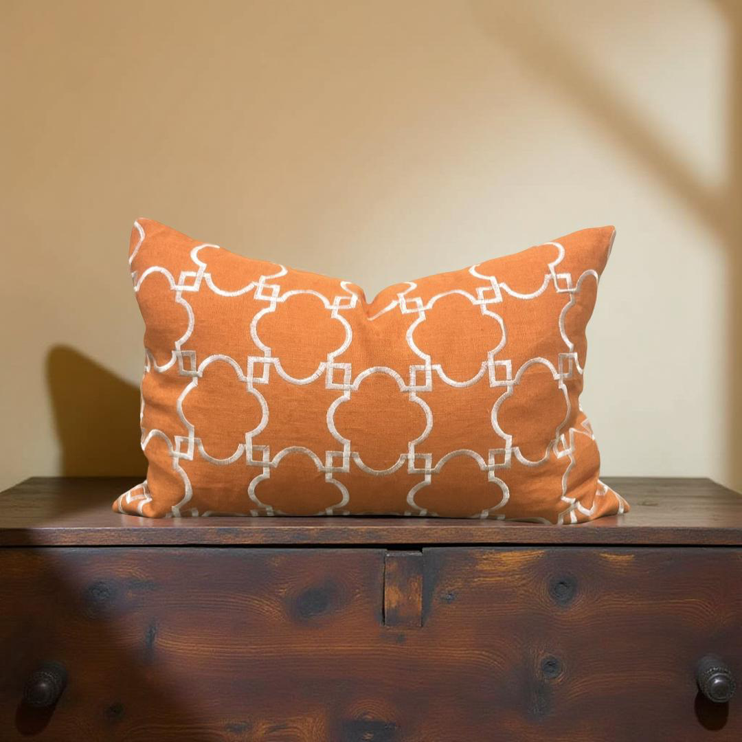 Orange and White Embroidered 12x18" Knife Edge Decorative Lumbar Pillow