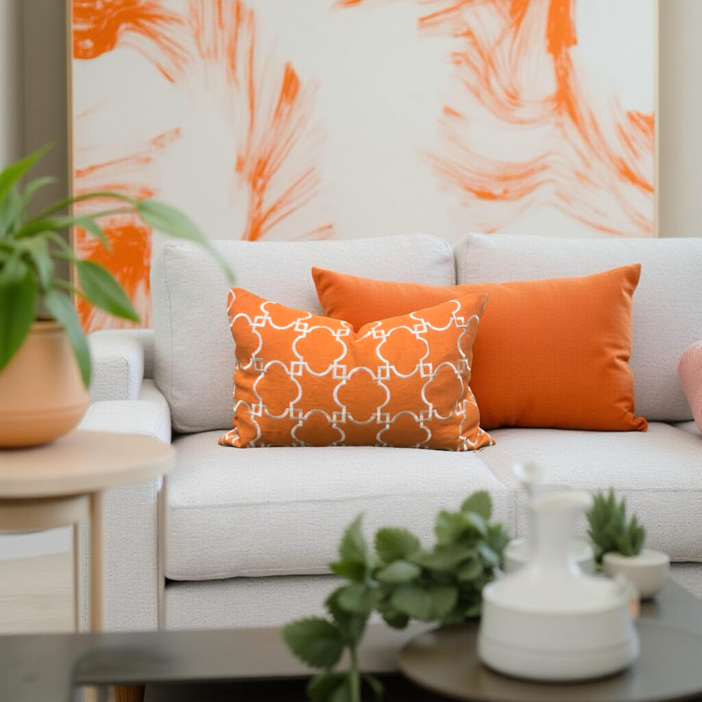 Orange and White Embroidered 12x18" Knife Edge Decorative Lumbar Pillow