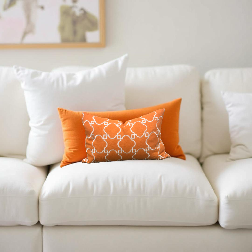 Orange and White Embroidered 12x18" Knife Edge Decorative Lumbar Pillow