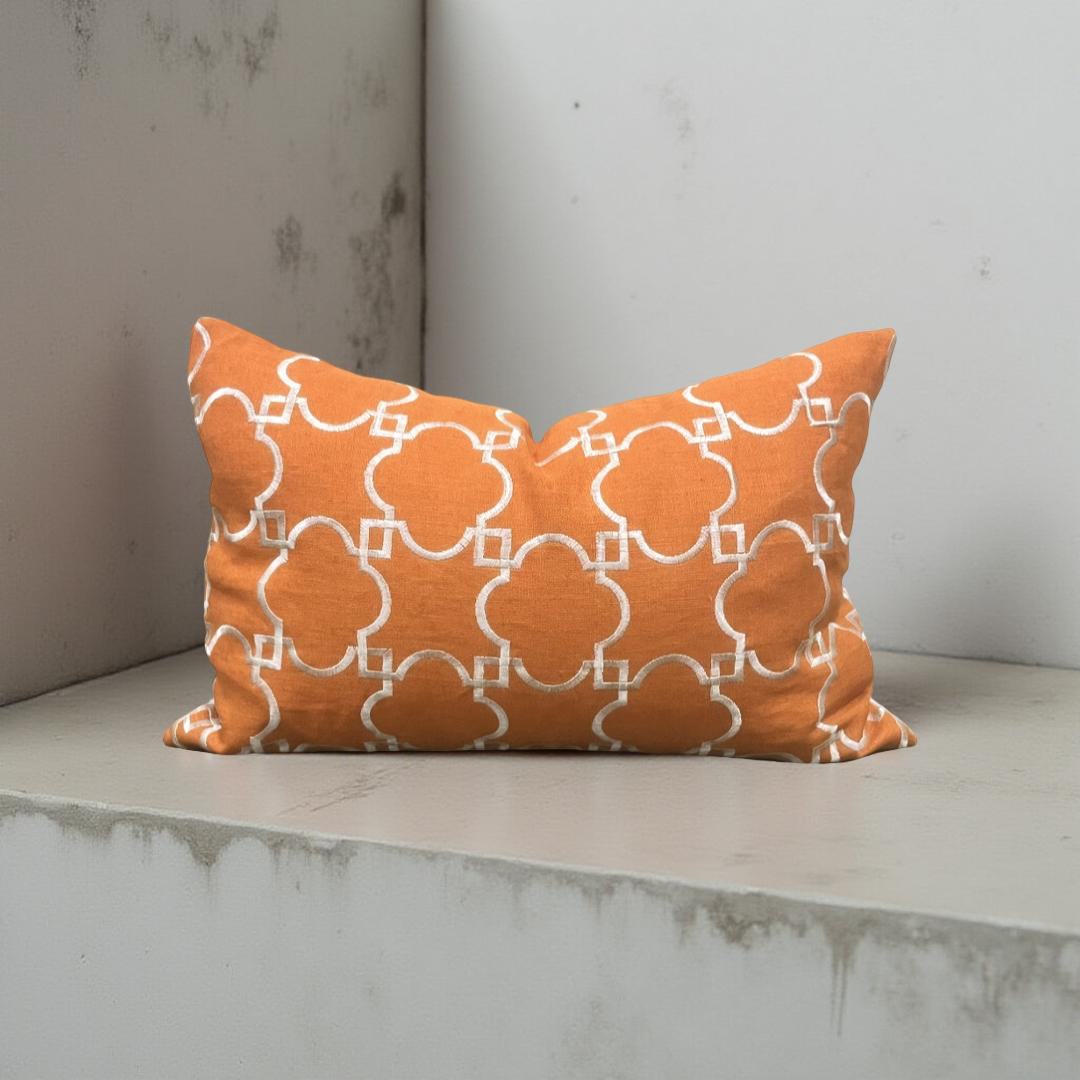 Orange and White Embroidered 12x18" Knife Edge Decorative Lumbar Pillow