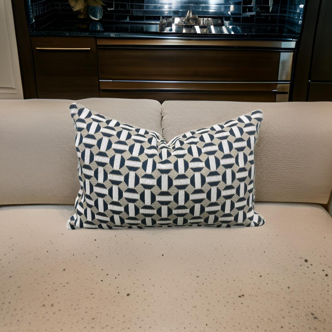 Aqua Cream and Tan Geometric 12X18" Knife Edge Decorative Lumbar Pillow