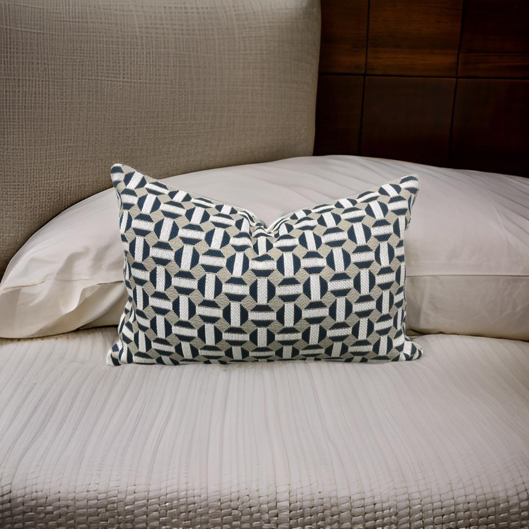 Aqua Cream and Tan Geometric 12X18" Knife Edge Decorative Lumbar Pillow