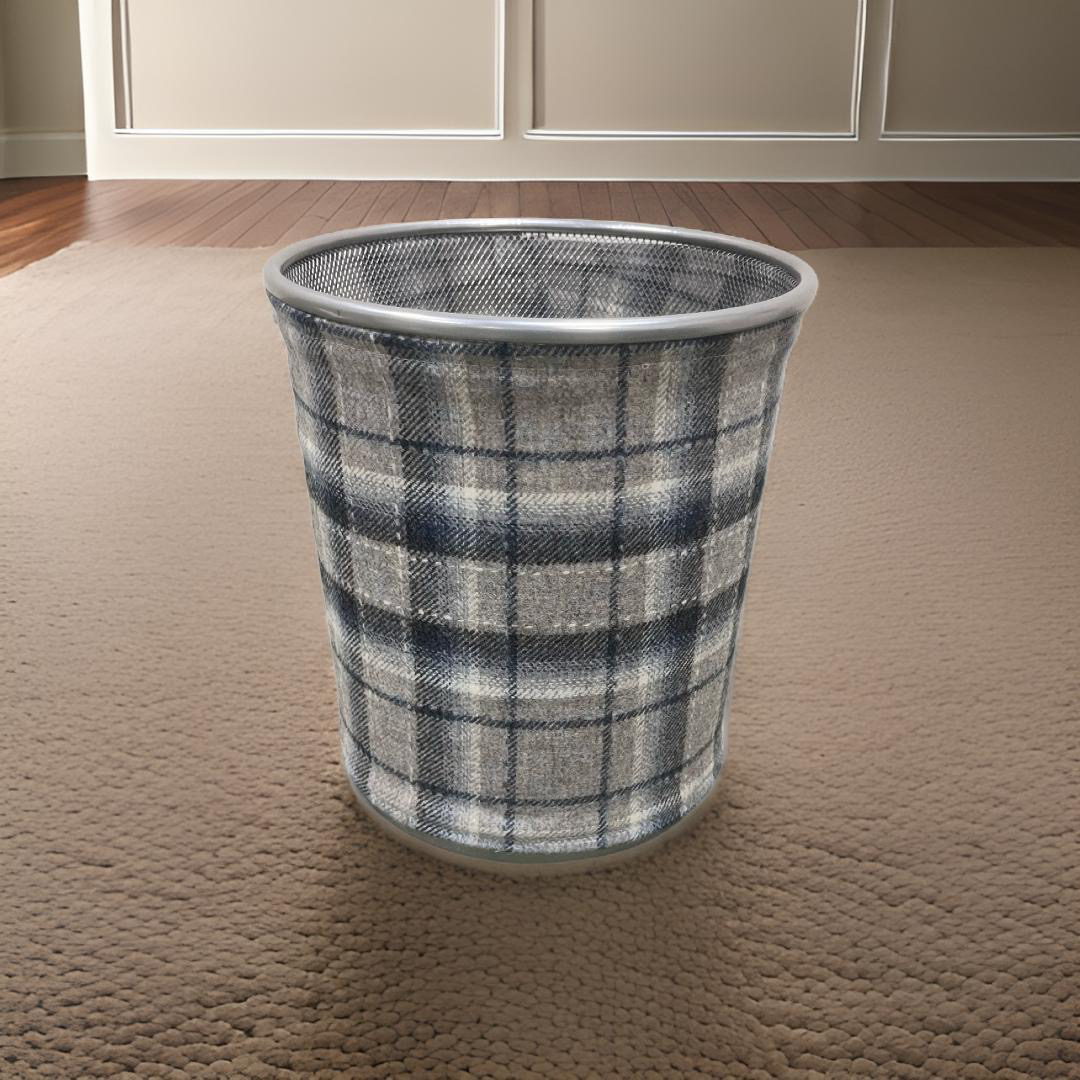 Gray and Blue Plaid Decorative Waste Basket