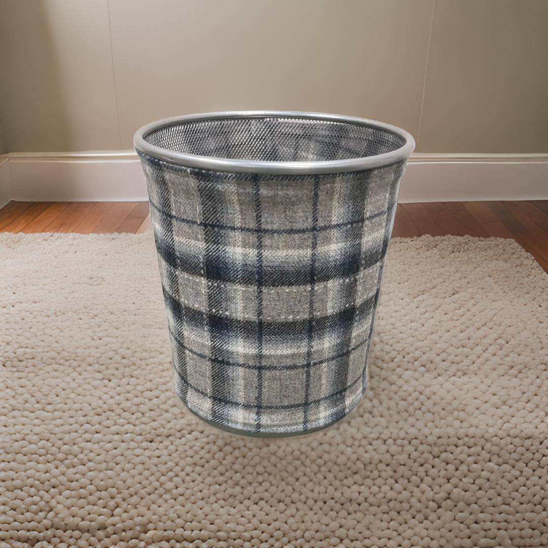 Gray and Blue Plaid Decorative Waste Basket