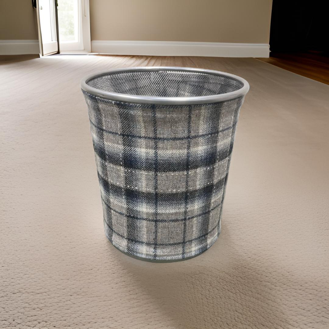 Gray and Blue Plaid Decorative Waste Basket
