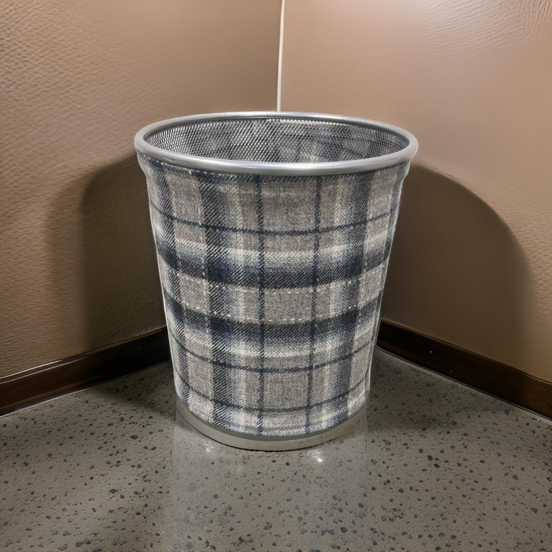 Gray and Blue Plaid Decorative Waste Basket