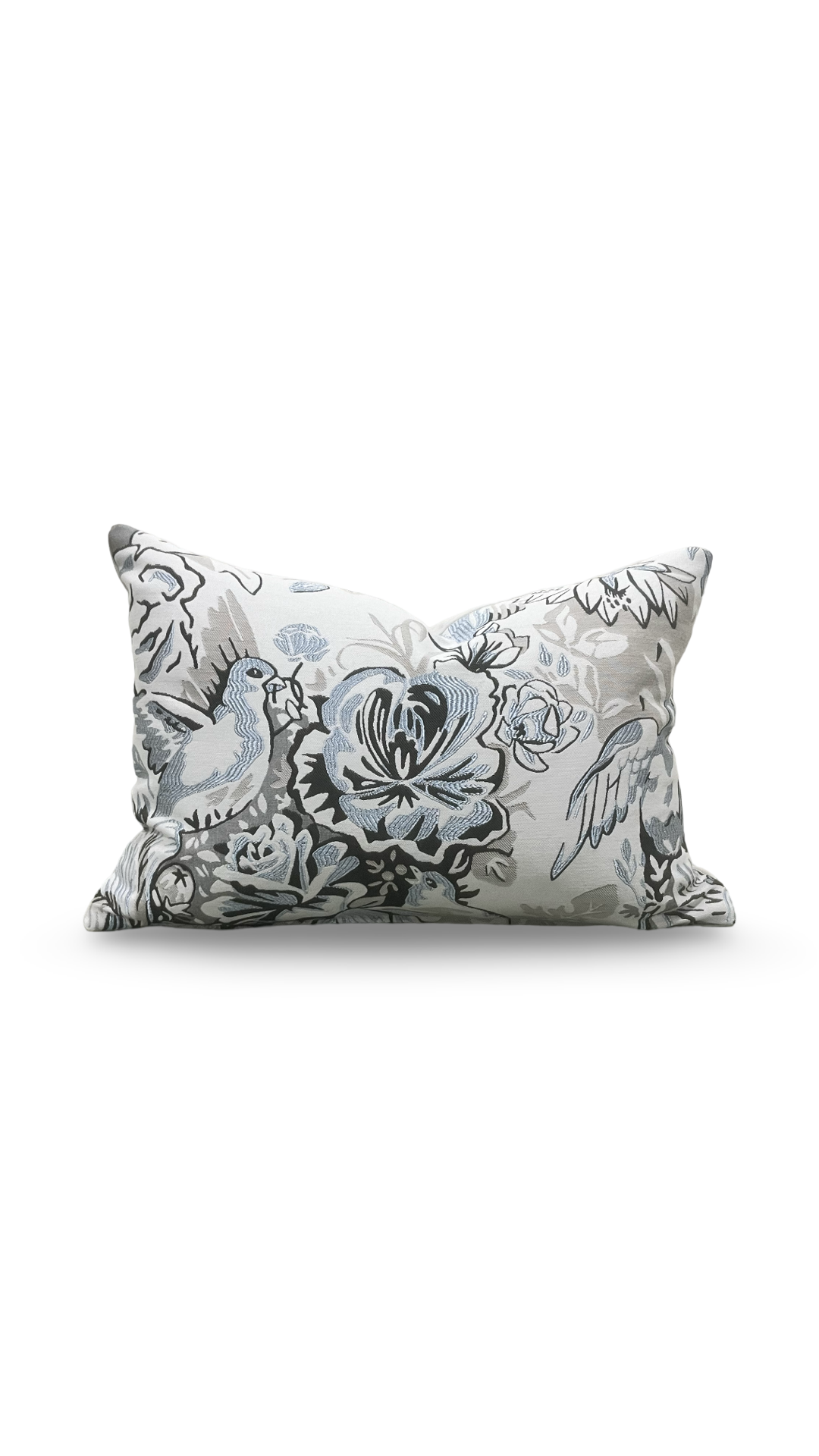 Gray Light Blue Black Silky Floral 12X18" Knife Edge Decorative Lumbar Pillow