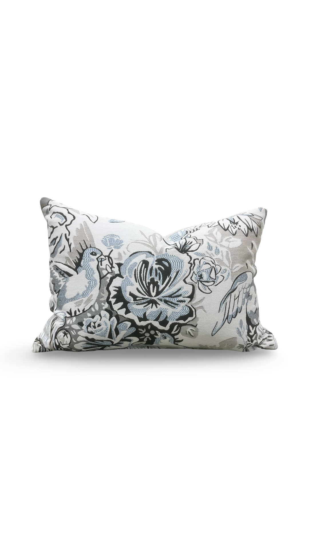 Gray Light Blue Black Silky Floral 12X18" Knife Edge Decorative Lumbar Pillow