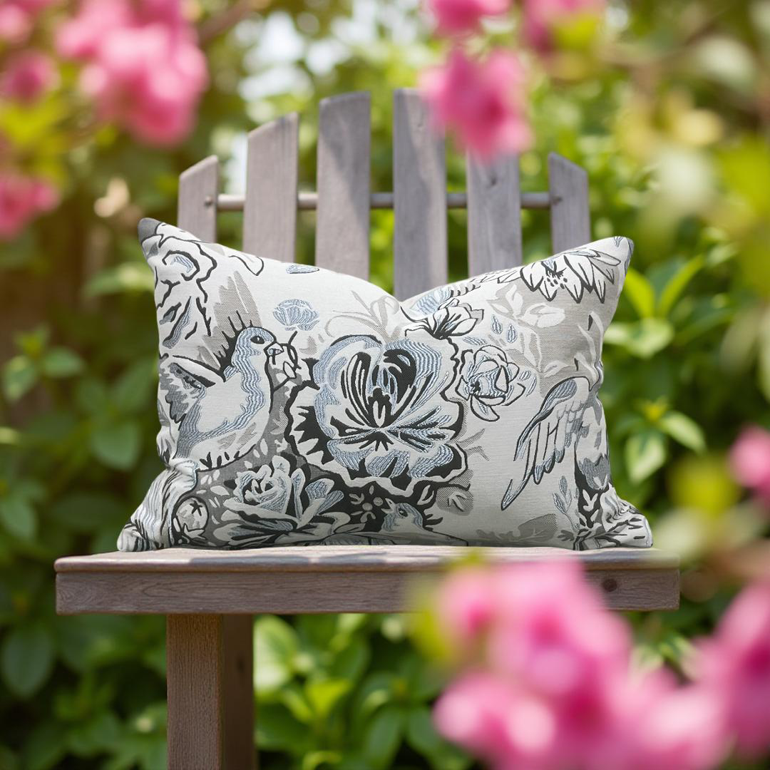 Gray Light Blue Black Silky Floral 12X18" Knife Edge Decorative Lumbar Pillow
