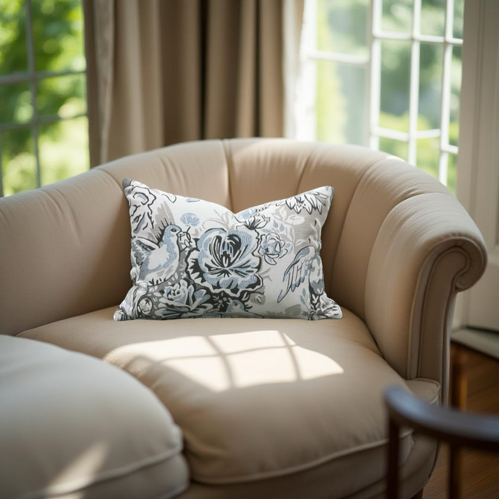 Gray Light Blue Black Silky Floral 12X18" Knife Edge Decorative Lumbar Pillow