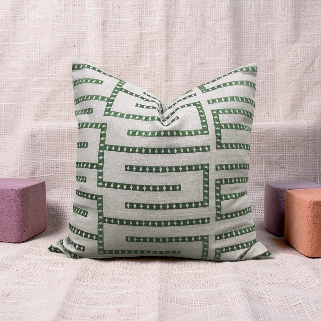 Green and Tan Embroidered Geometric 20x20" Knife Edge Decorative Pillow Cover