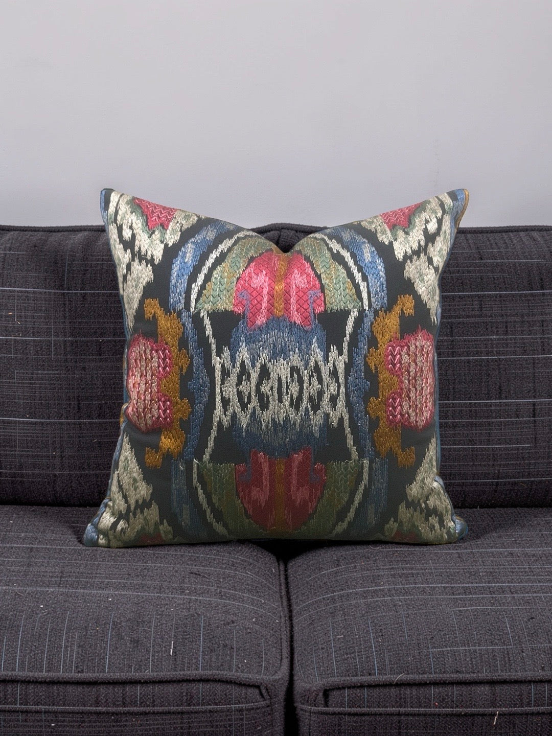 Jim Thompson Embroidered Fabric Decorative Pillow Dance in the Forest Jewel Tones 16x16" Knife Edge Cover