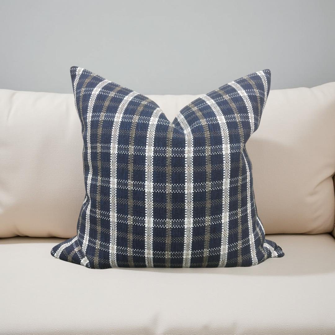 Designer Fabric Samoa Plaid Indigo 22X22" Knife Edge Throw Pillow