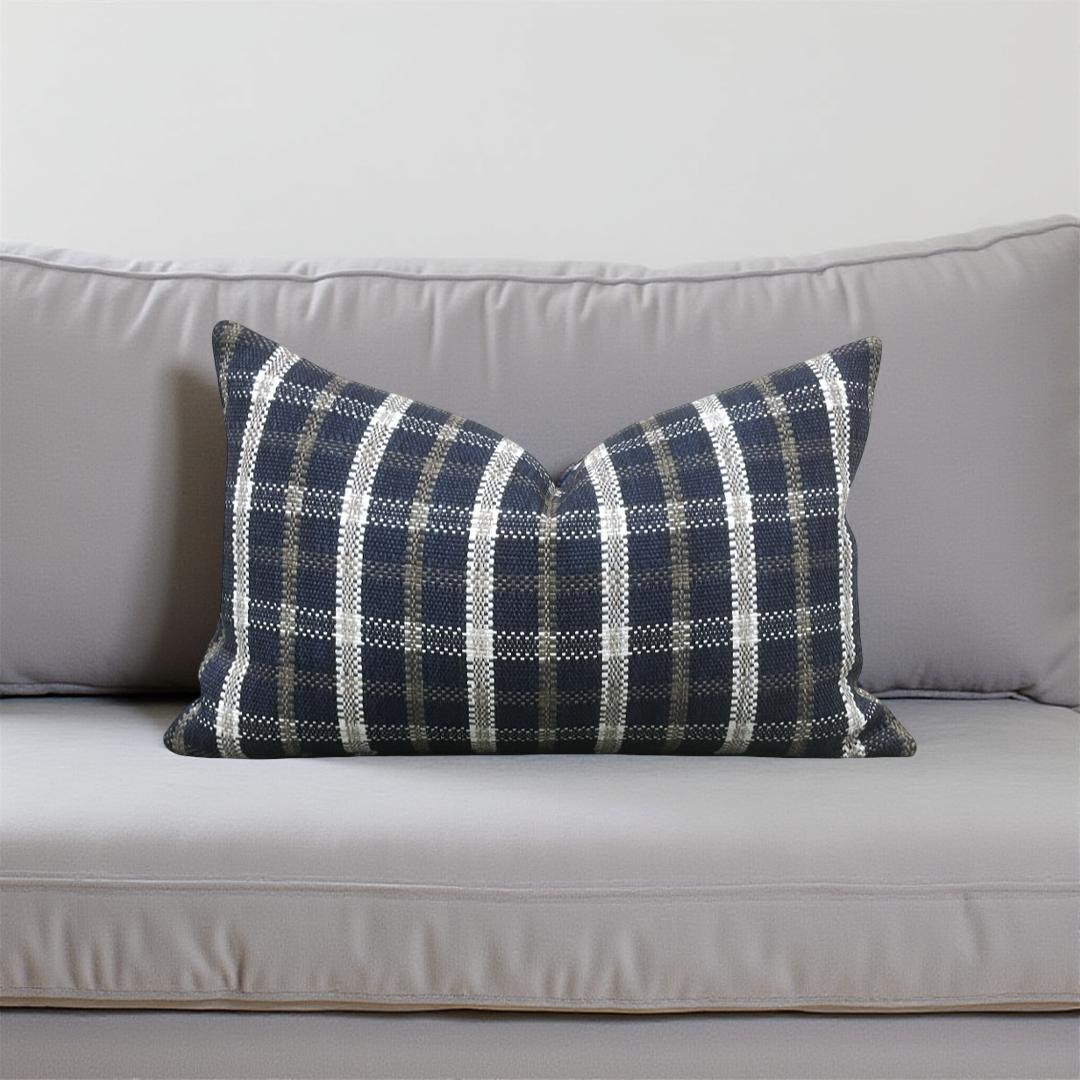 Designer Fabric Samoa Plaid Indigo 12x18" Knife Edge Lumbar Pillow