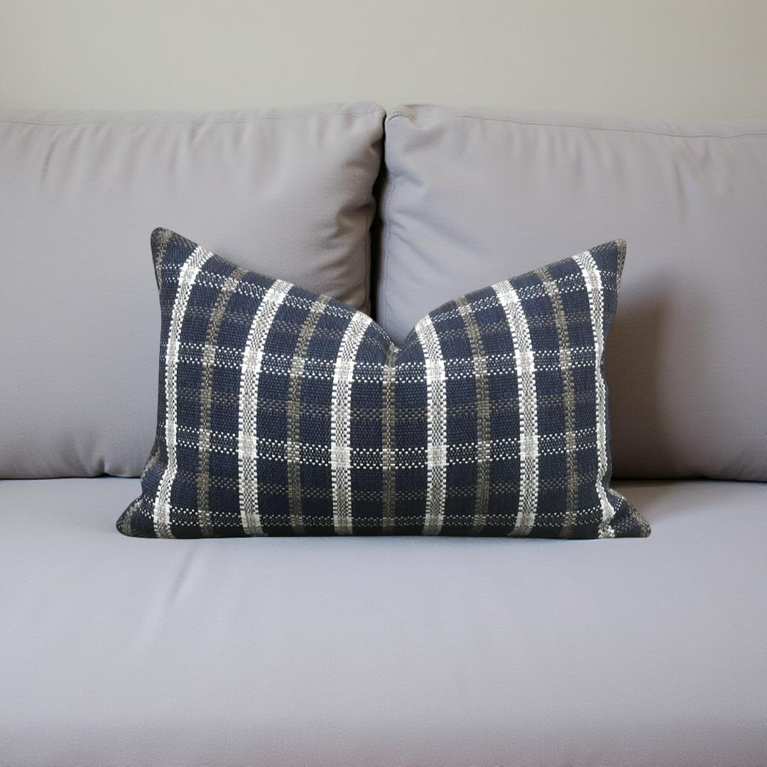 Designer Fabric Samoa Plaid Indigo 12x18" Knife Edge Lumbar Pillow