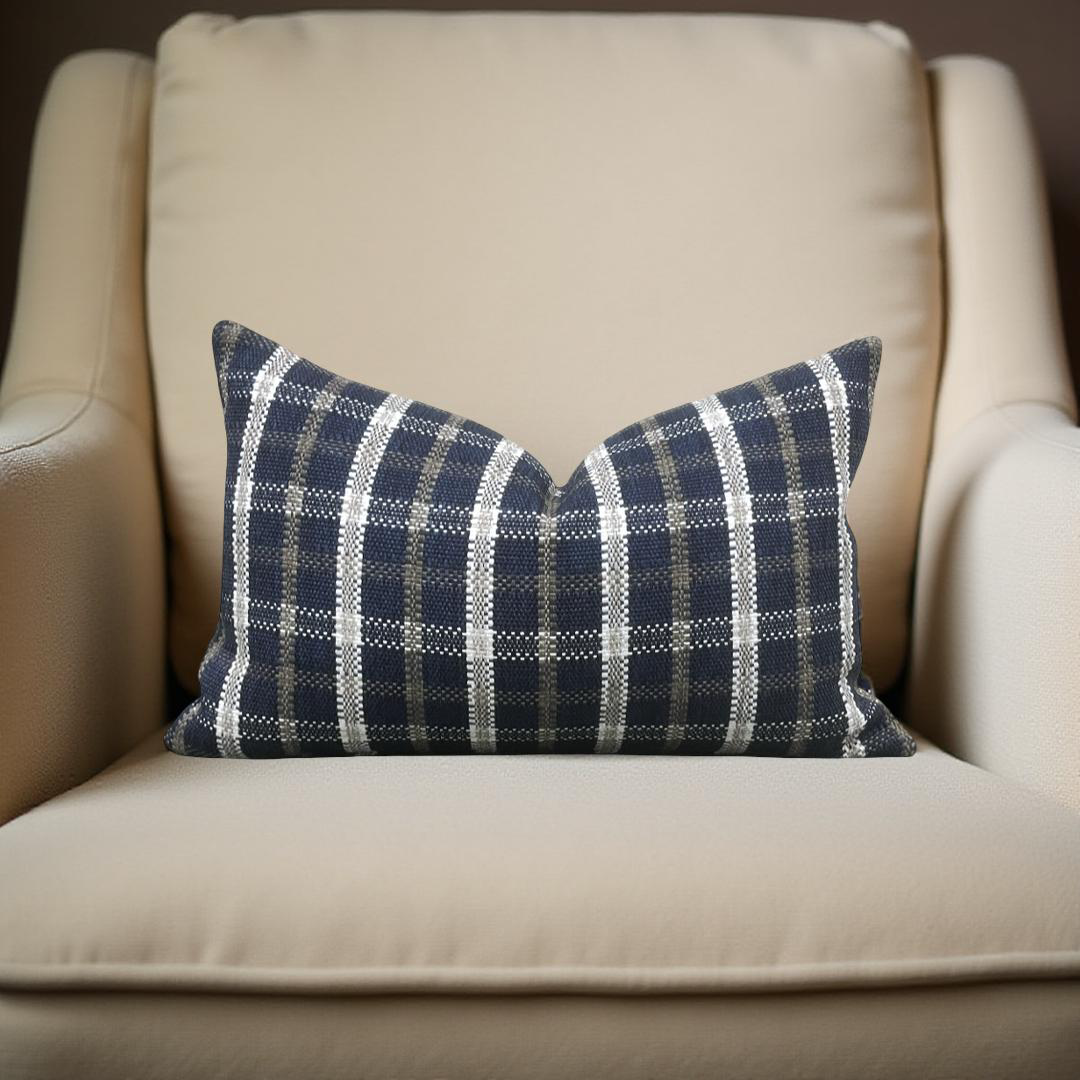 Designer Fabric Samoa Plaid Indigo 12x18" Knife Edge Lumbar Pillow