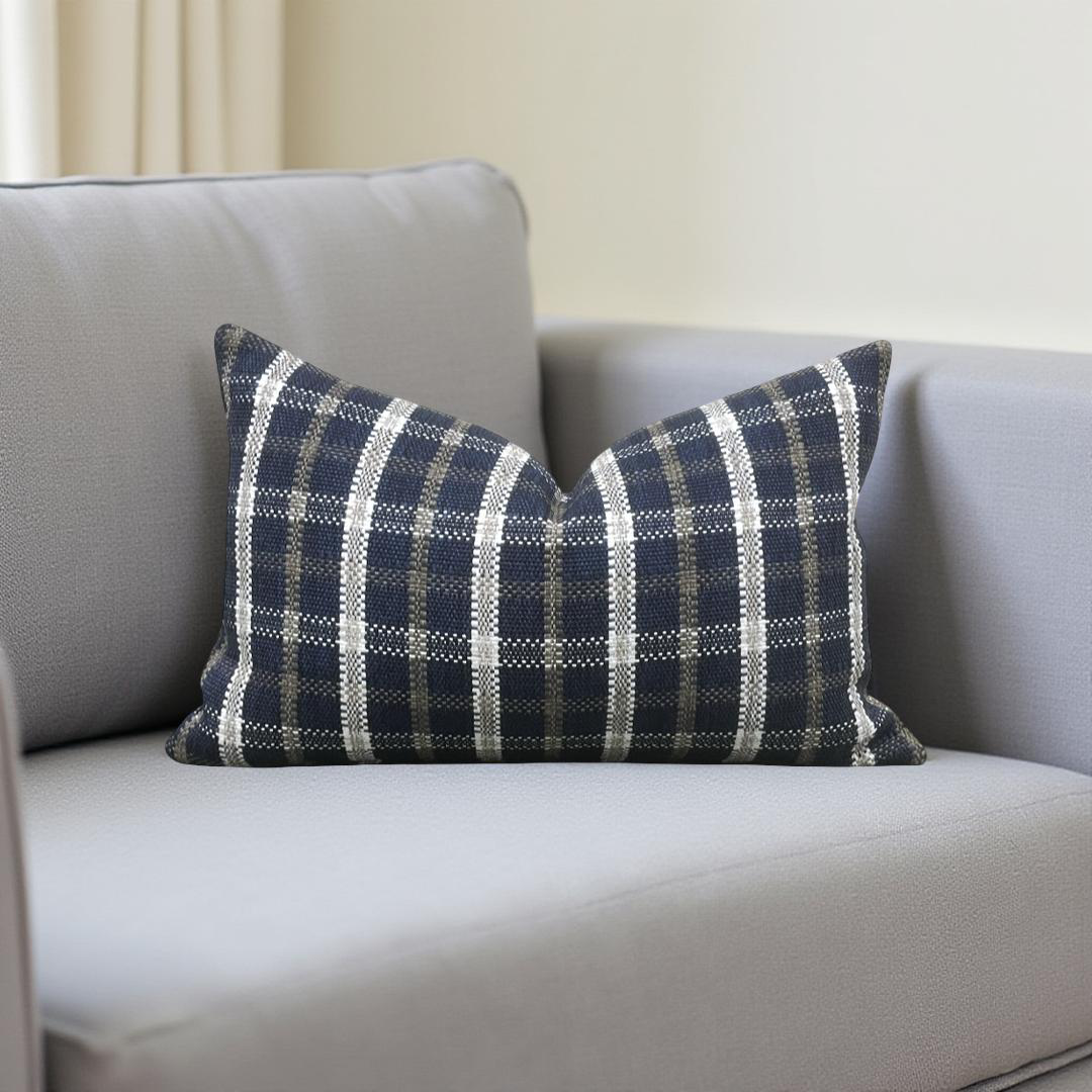 Designer Fabric Samoa Plaid Indigo 12x18" Knife Edge Lumbar Pillow