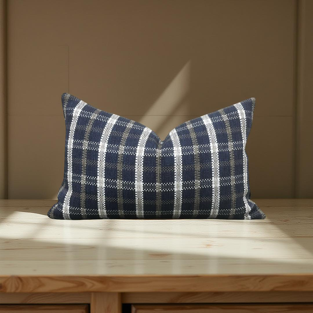 Designer Fabric Samoa Plaid Indigo 12x18" Knife Edge Lumbar Pillow