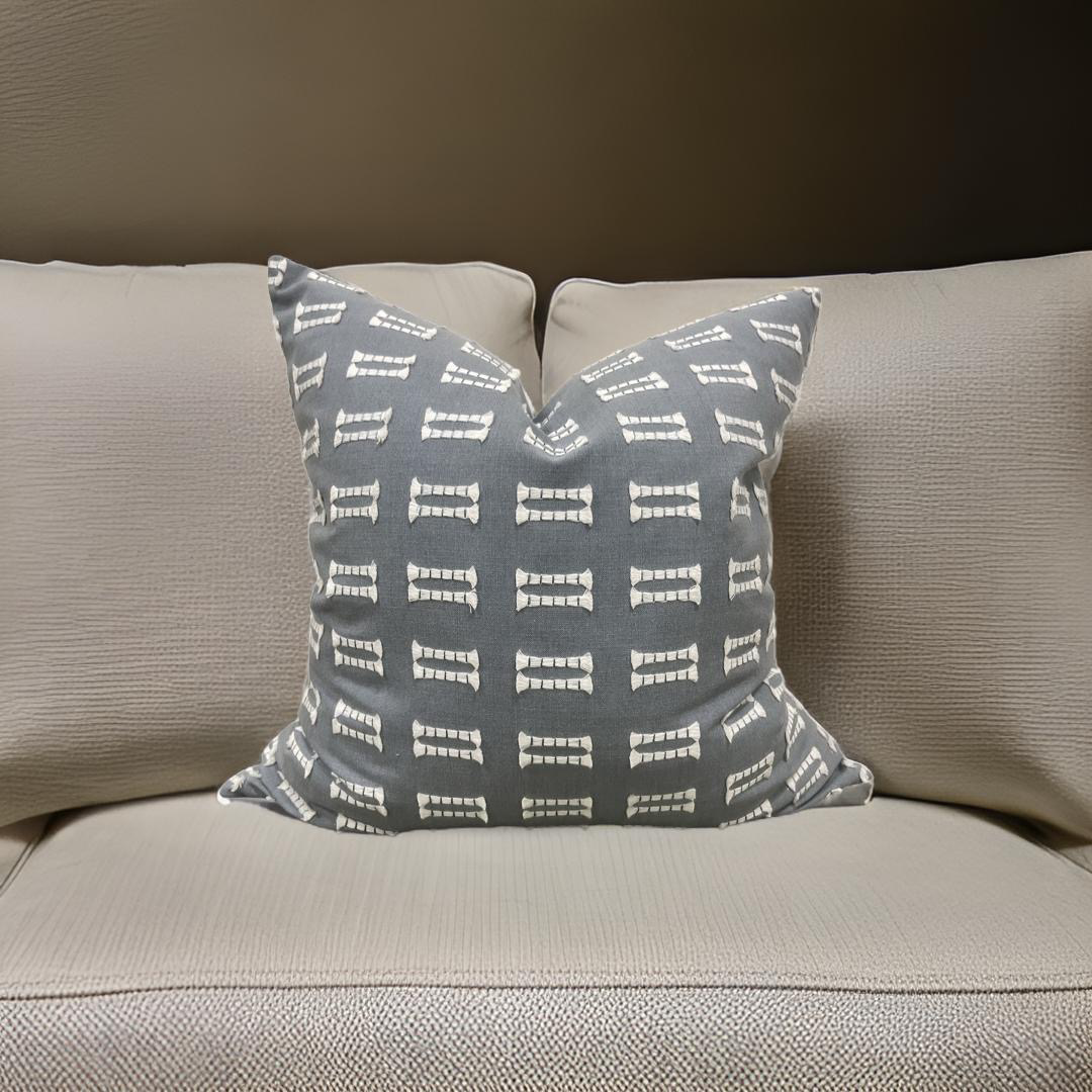 Light Blue and White Embroidered 22x22" Knife Edge Decorative Pillow