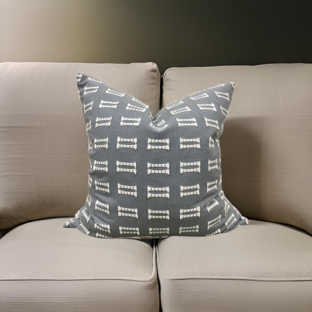 Light Blue and White Embroidered 22x22" Knife Edge Decorative Pillow