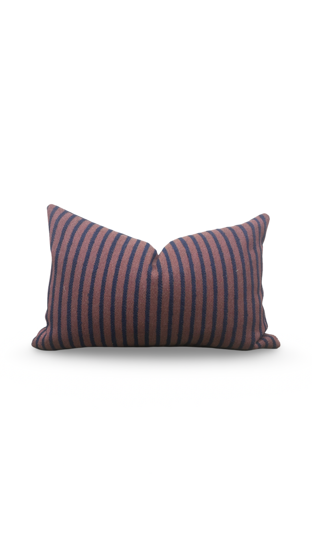 Striped pillow with a purple and navy pattern on a white background