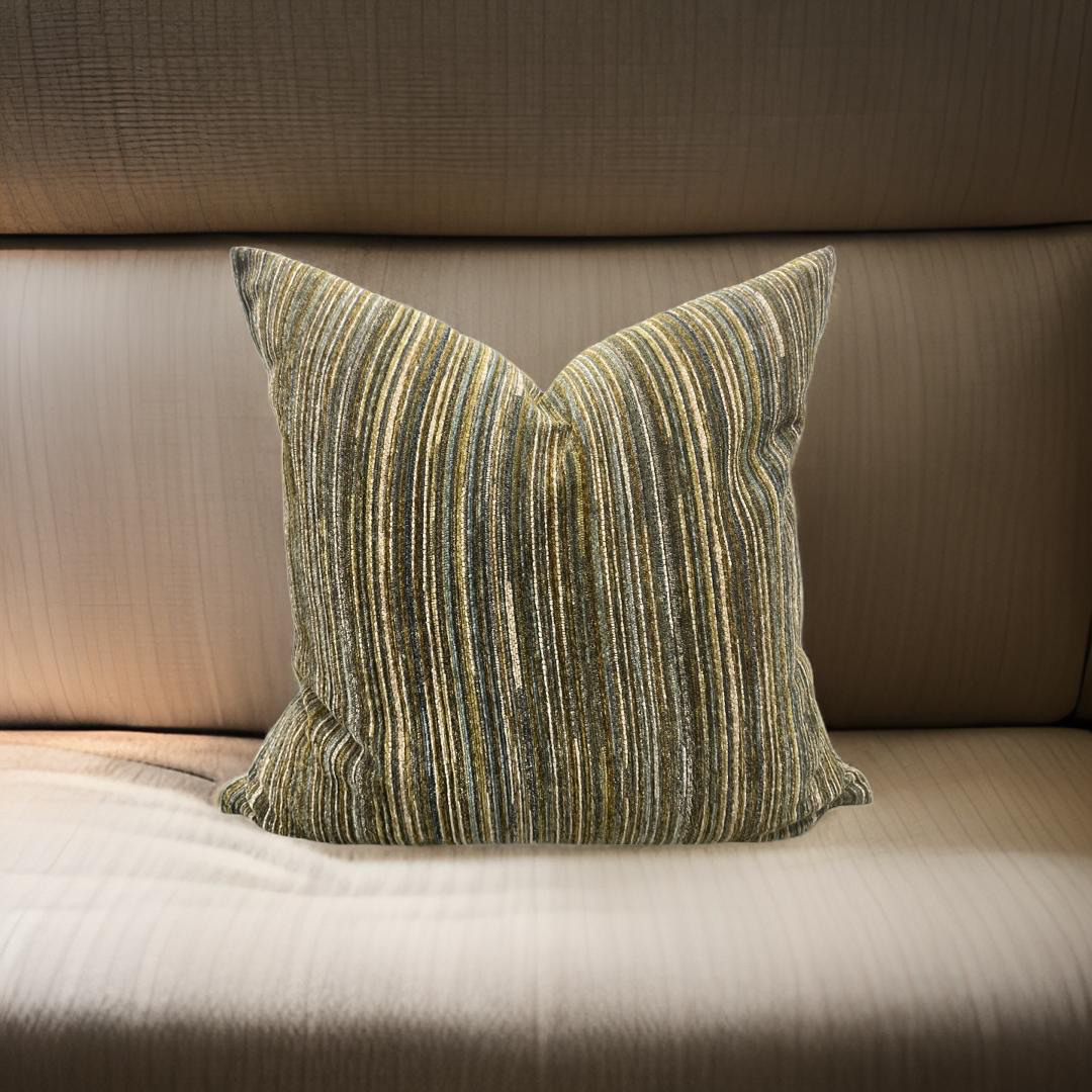 Multi Neutral Vertical Striped Textured Velvet 20X20" Knife Edge Decorative Pillow