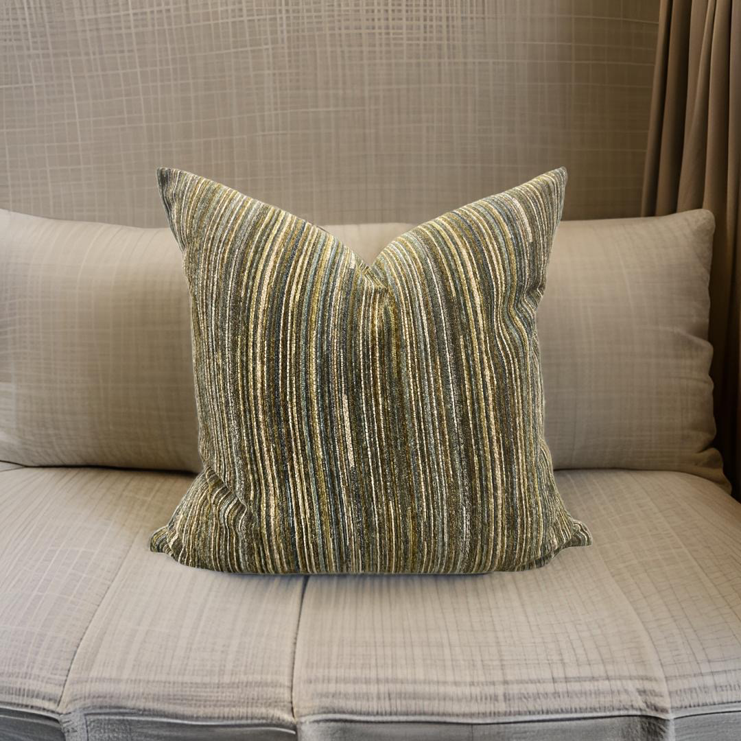 Multi Neutral Vertical Striped Textured Velvet 20X20" Knife Edge Decorative Pillow