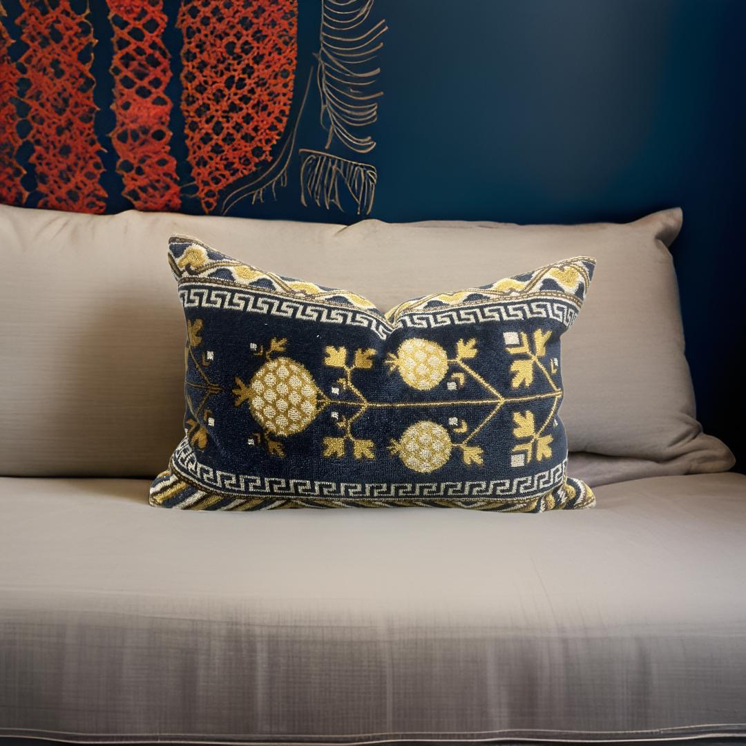 Navy and Gold Ikat Panel 12X18" Knife Edge Decorative Lumbar Pillow