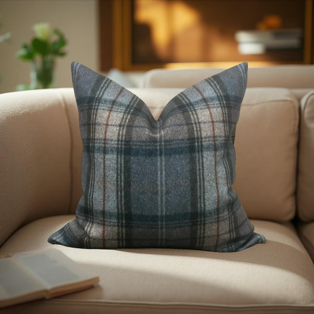 Designer Fabric Worsted Plaid Grey 20x20" Knife Edge Decorative Throw Pillow