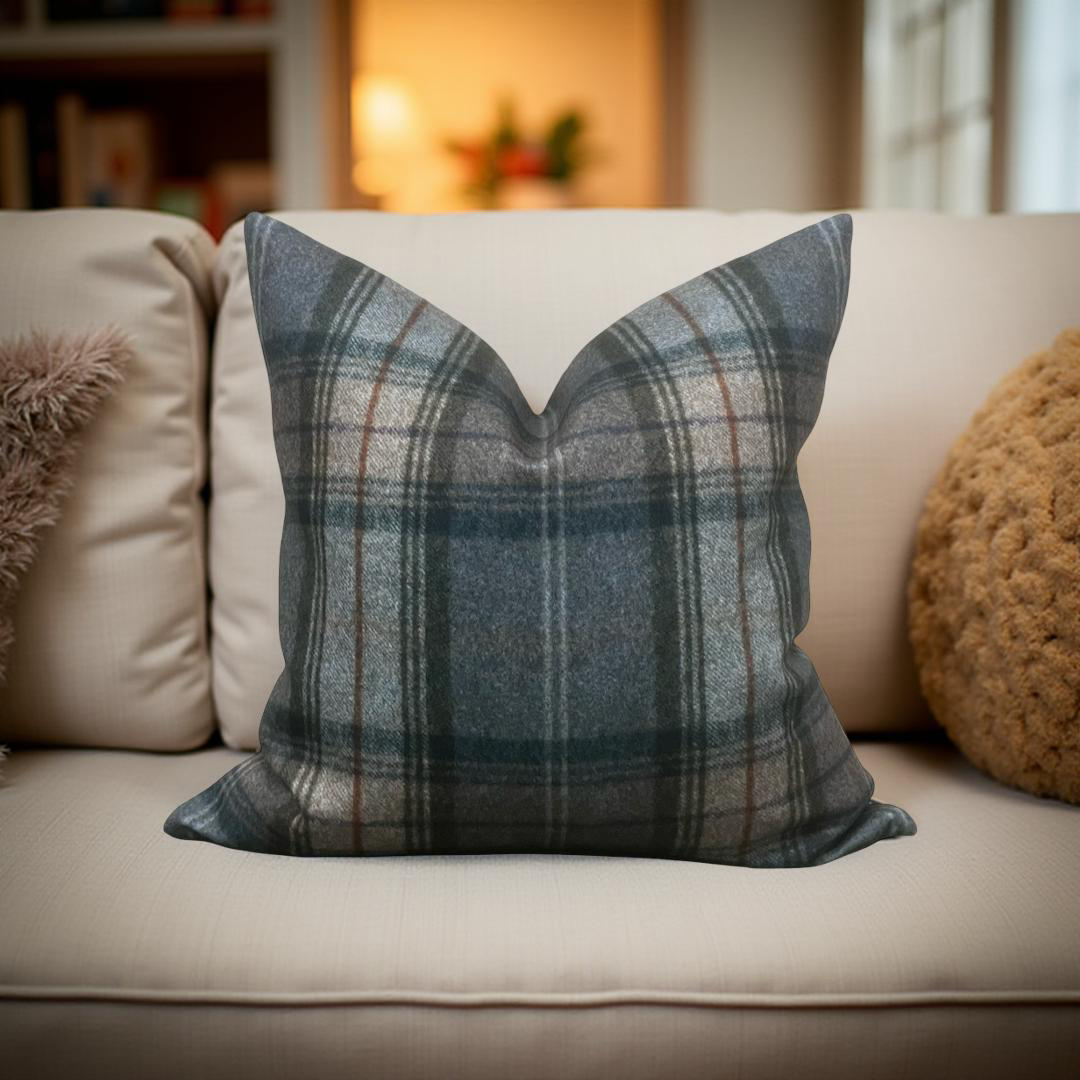 Designer Fabric Worsted Plaid Grey 20x20" Knife Edge Decorative Throw Pillow