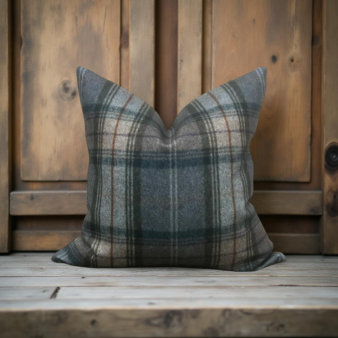 Designer Fabric Worsted Plaid Grey 20x20" Knife Edge Decorative Throw Pillow