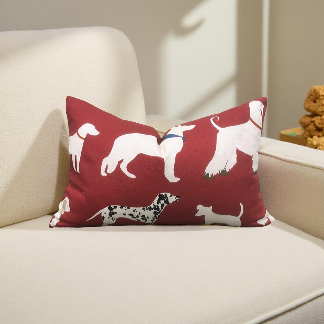 Red and White Dog Patterned Fabric 12x18" Knife Edge Lumbar Pillow