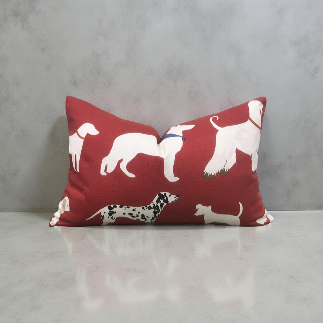 Red and White Dog Patterned Fabric 12x18" Knife Edge Lumbar Pillow