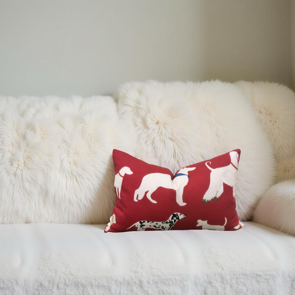 Red and White Dog Patterned Fabric 12x18" Knife Edge Lumbar Pillow