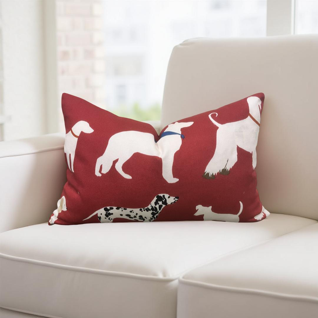 Red and White Dog Patterned Fabric 12x18" Knife Edge Lumbar Pillow