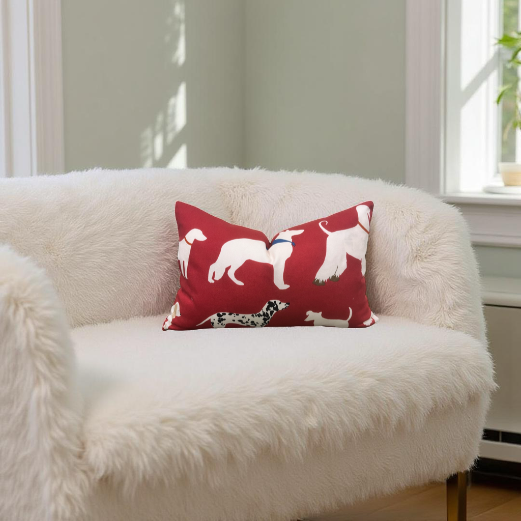 Red and White Dog Patterned Fabric 12x18" Knife Edge Lumbar Pillow
