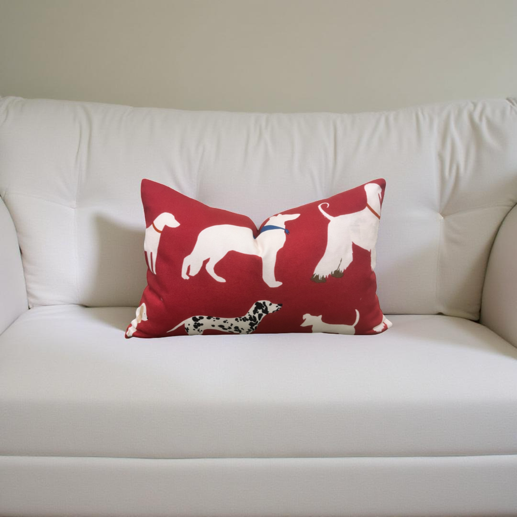 Red and White Dog Patterned Fabric 12x18" Knife Edge Lumbar Pillow