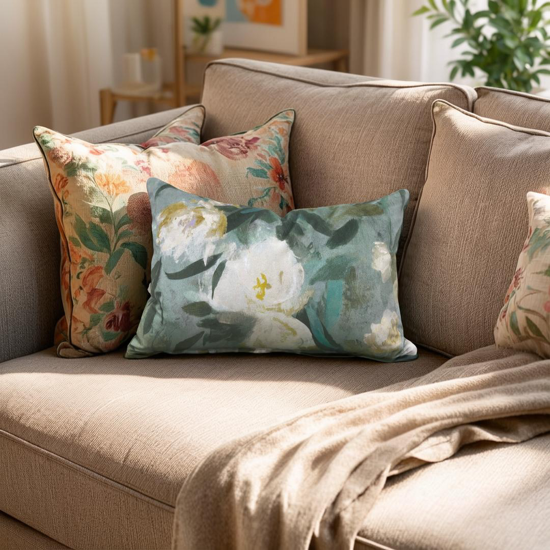 Floral patterned cushions on a beige sofa in a cozy living room.