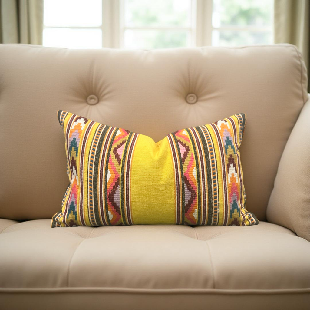 Zarzuela Stripe Embroidery Saffron 12X18" Knife Edge Decorative Lumbar Pillow