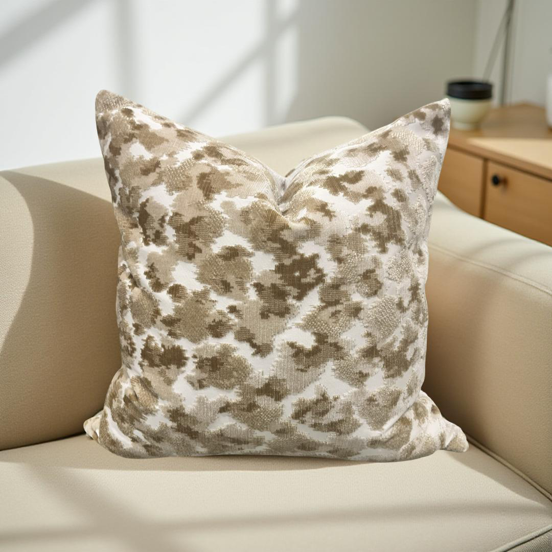 Tan and Cream Raised Velvet 18x18" Knife Edge Decorative Throw Pillow