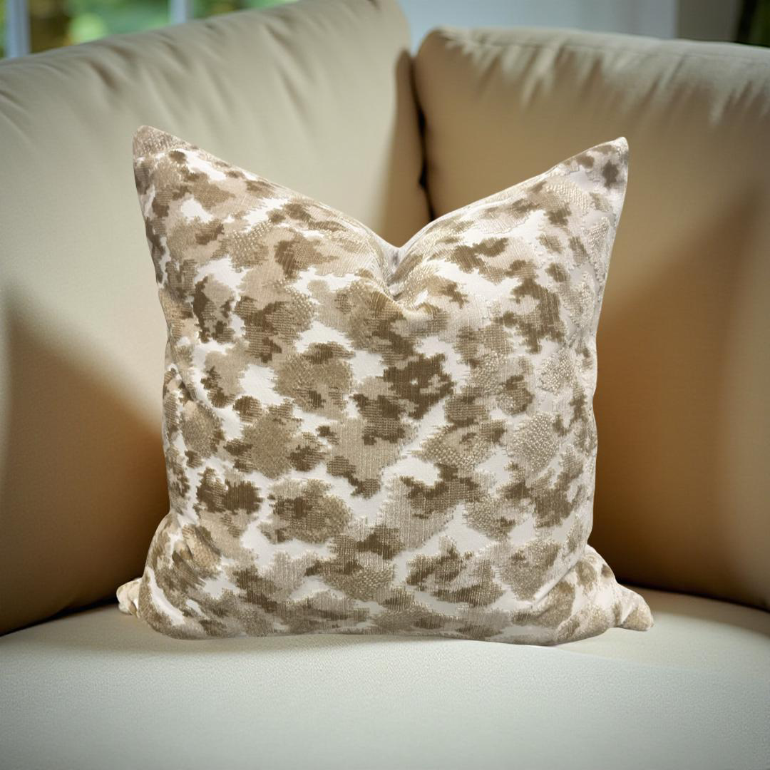 Tan and Cream Raised Velvet 18x18" Knife Edge Decorative Throw Pillow