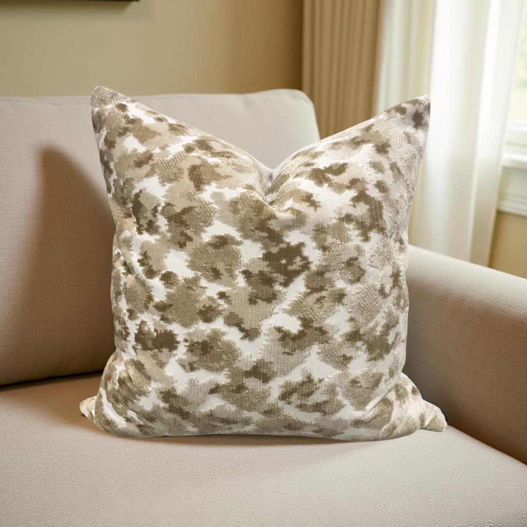 Tan and Cream Raised Velvet 18x18" Knife Edge Decorative Throw Pillow
