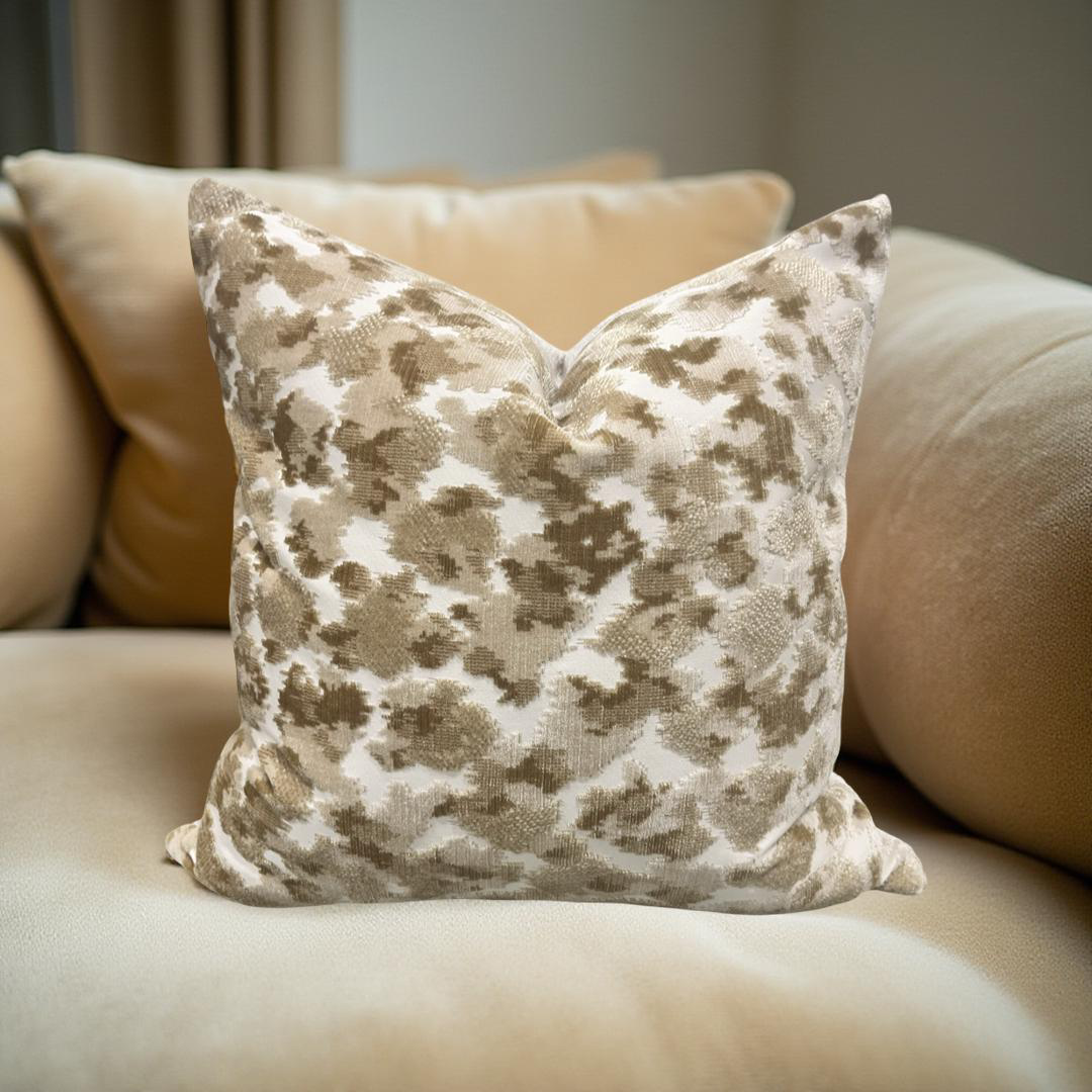 Tan and Cream Raised Velvet 18x18" Knife Edge Decorative Throw Pillow