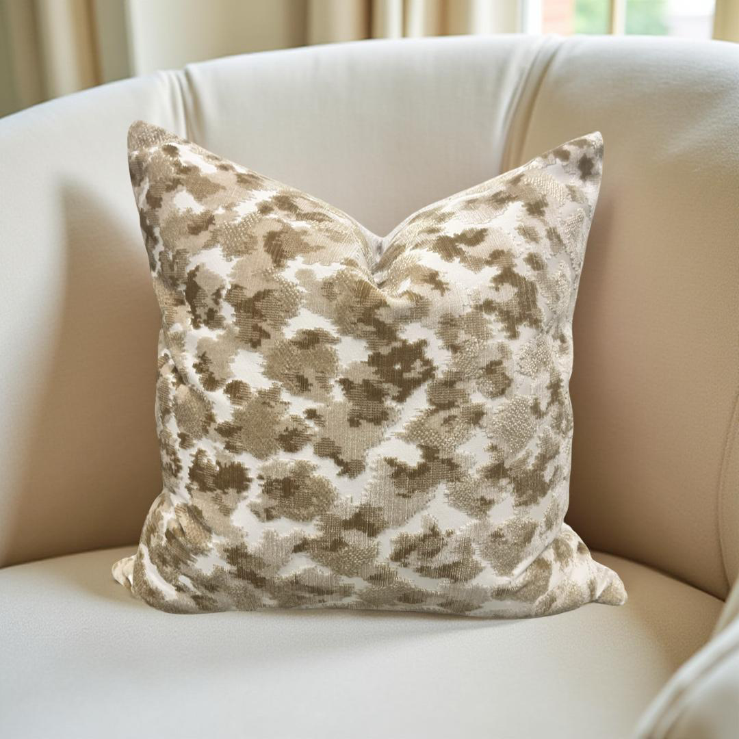 Tan and Cream Raised Velvet 18x18" Knife Edge Decorative Throw Pillow