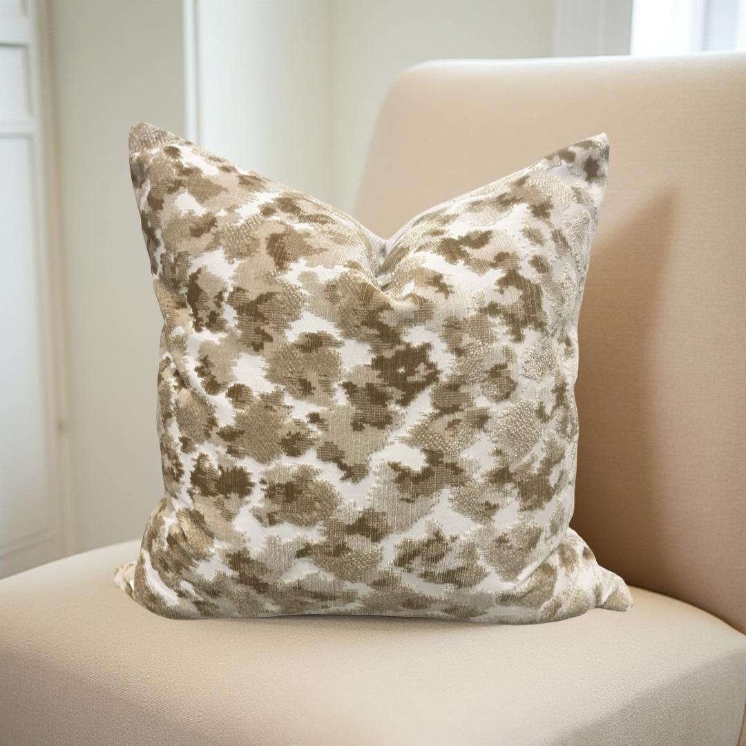 Tan and Cream Raised Velvet 18x18" Knife Edge Decorative Throw Pillow
