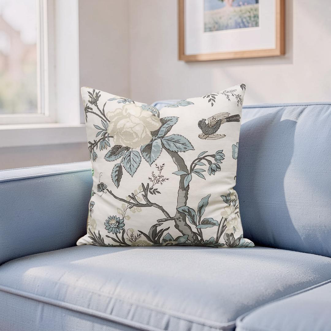 Floral Decorative Pillow Nemour Beige and Aqua 20x20" Knife Edge Cover